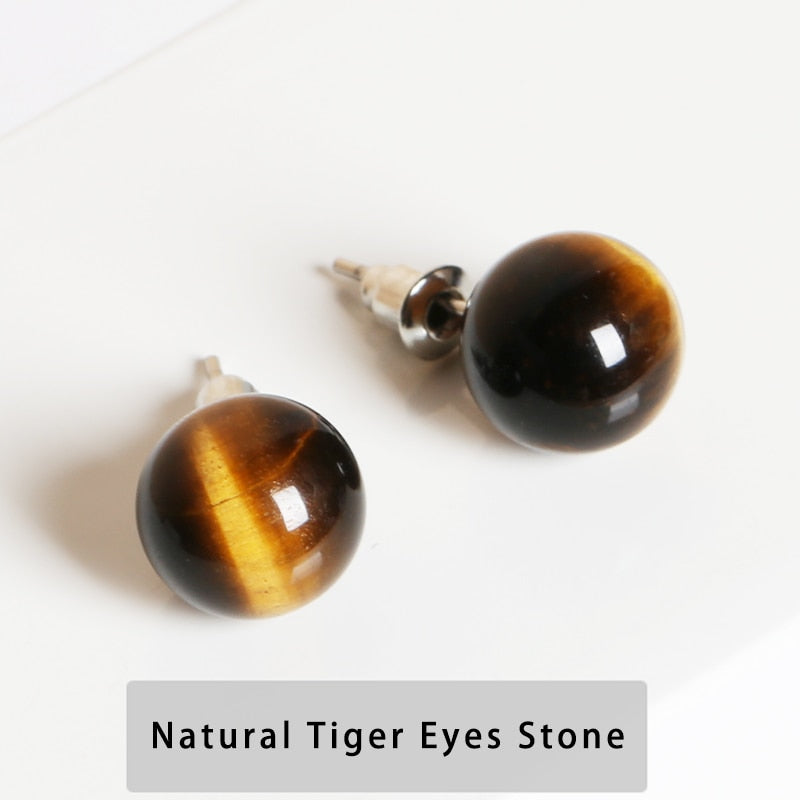 CHANGE BETTER Natural Stone Amethyst Tiger Eye Agate Round Beads Earring Women Fashion Stainless Steel Ear Studs For Girls Gift