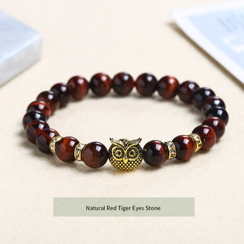 JD Natural Stone Yellow Tiger Eye Beaded Bracelet Men Women Gold Color Owl Energy Yoga Elastic Buddha Bangles Charm Jewelry Gift