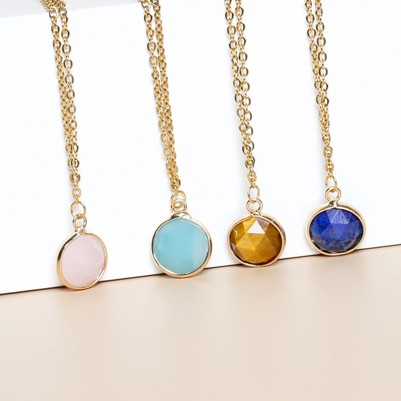 JD Natural Stone Blue Amazonite Lapis Lazuli Faceted Pendant Necklaces Women Simple Gold Color Stainless Steel Choker Jewelry