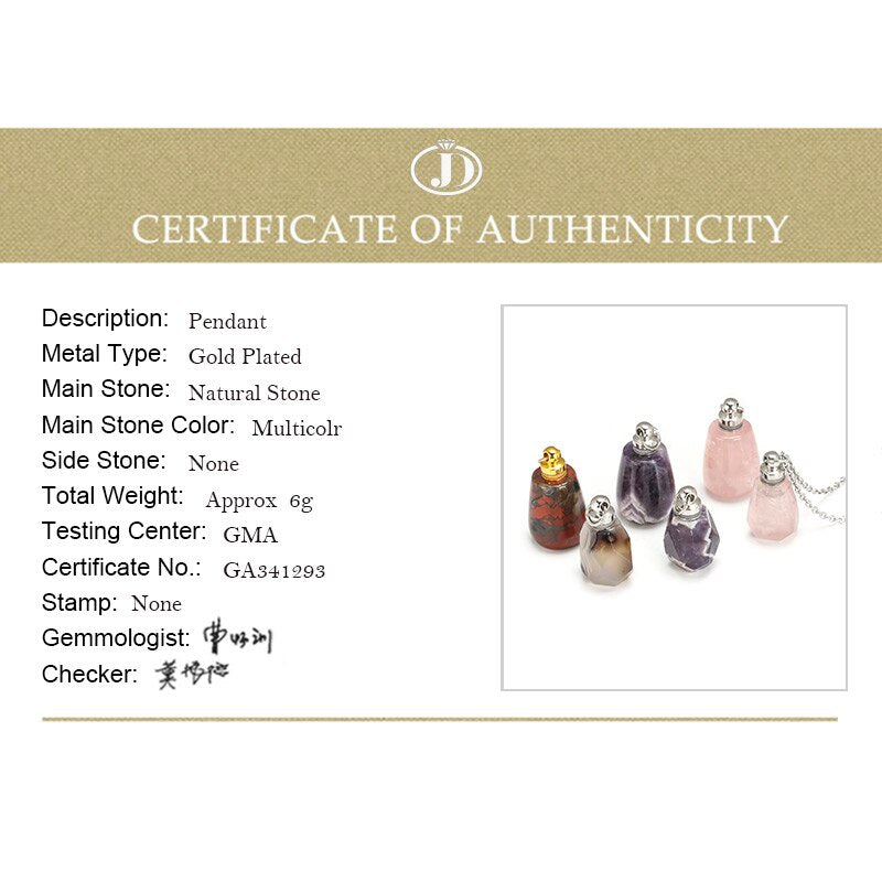 JD Natural Stone Quartz Perfume Bottle Pendants Faceted Rainbow Jasper Pink Quartz Amethyst Charm Necklace