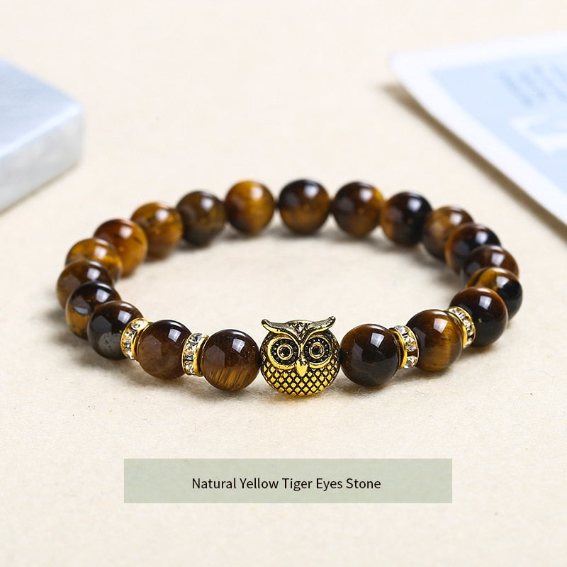 JD Natural Stone Yellow Tiger Eye Beaded Bracelet Men Women Gold Color Owl Energy Yoga Elastic Buddha Bangles Charm Jewelry Gift