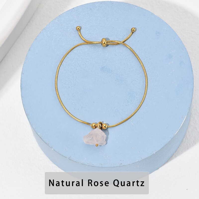 CHANGE BETTER Simple Design Stainless Steel Adjustable Bracelet Women Raw Crystal Stone Pendant Snake Chain Bangles Reiki Gift