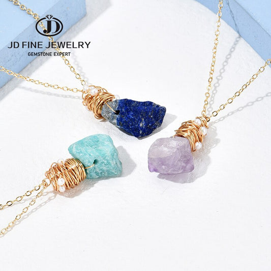 JD Natural Stone Amethyst Crystal Pendant Necklace Brazil Druzy Irregular Shape Lavender Semi-precious Handmade Jewelry Necklace