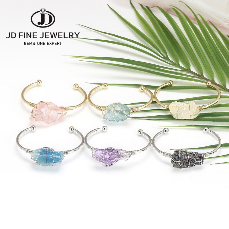 JD Natural Stone Cuff Bracelets Women Gold-color Wire Wrap Irregular Raw Crystal Quartz Bangles Fashion Stone Jewelry Gift