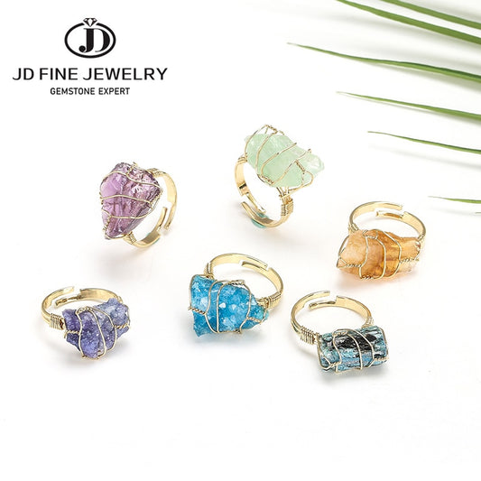 JD Natural Stone Irregular Wire Wrap Women Rings Healing Rough Stone Jewelry Fluorite Fashion Finger Ring Unique Jewelry Female