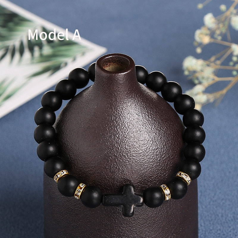 JD Trendy Jesus Cross Charm Black White Stone Men Bracelet 8mm White Beads Bracelets Bangles for Women Yoga Jewelry Wholesale