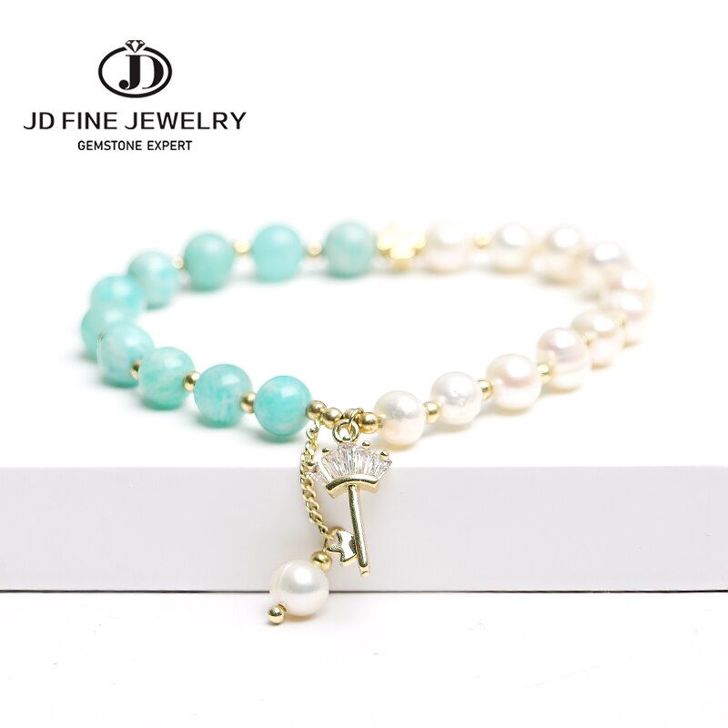 JD Half Blue Half White Bracelet Real Pearl Natural Amazonite Round Beads & Gold Color Filled Key Bracelet Temperament Jewelry