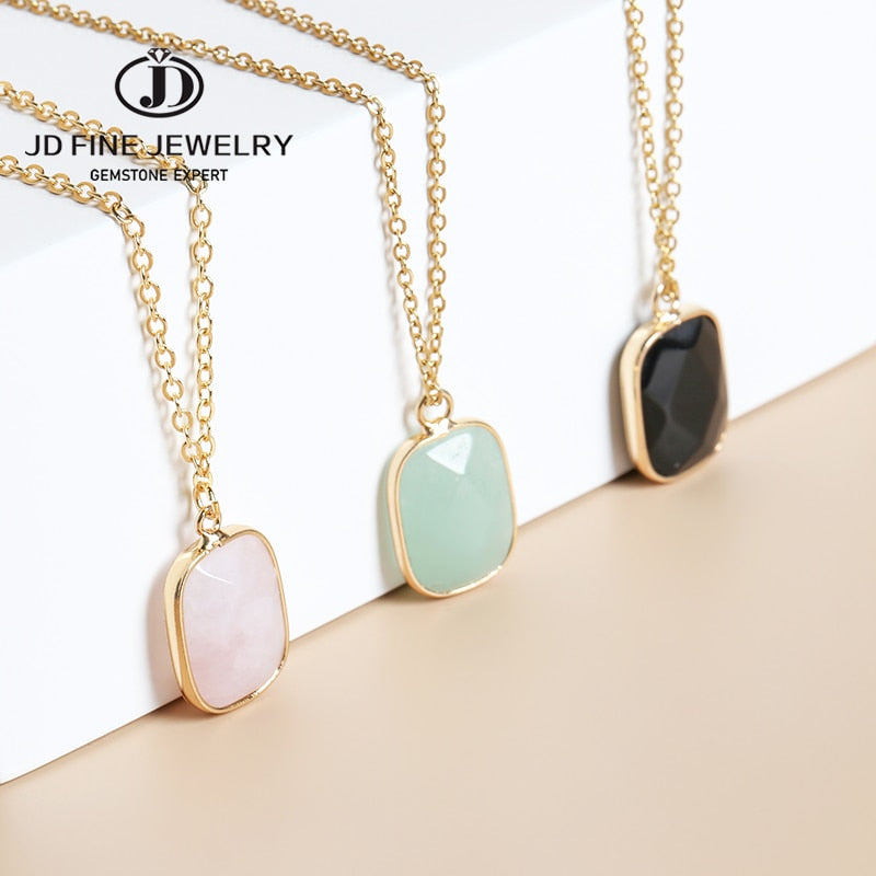 JD Natural Pink Quartz Faceted Square Shape Pendant Necklace For Women Gold Color Chain Crystal Energy Choker Grils Jewelry Gift