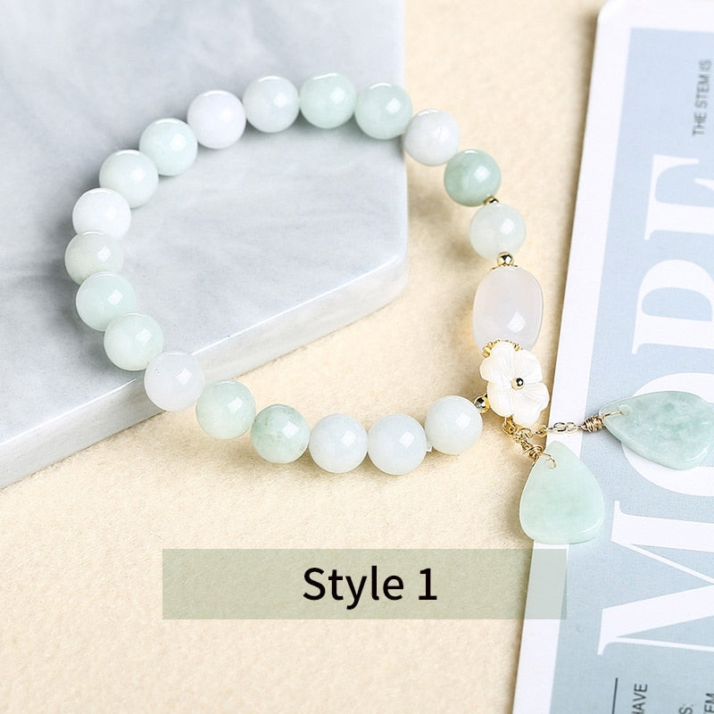 JD Natural Jade Emerald Beads Bracelet Elastic Bangle Charm Jewelry Yoga Water Drop Shell Flower Pendant Bracelet Woman