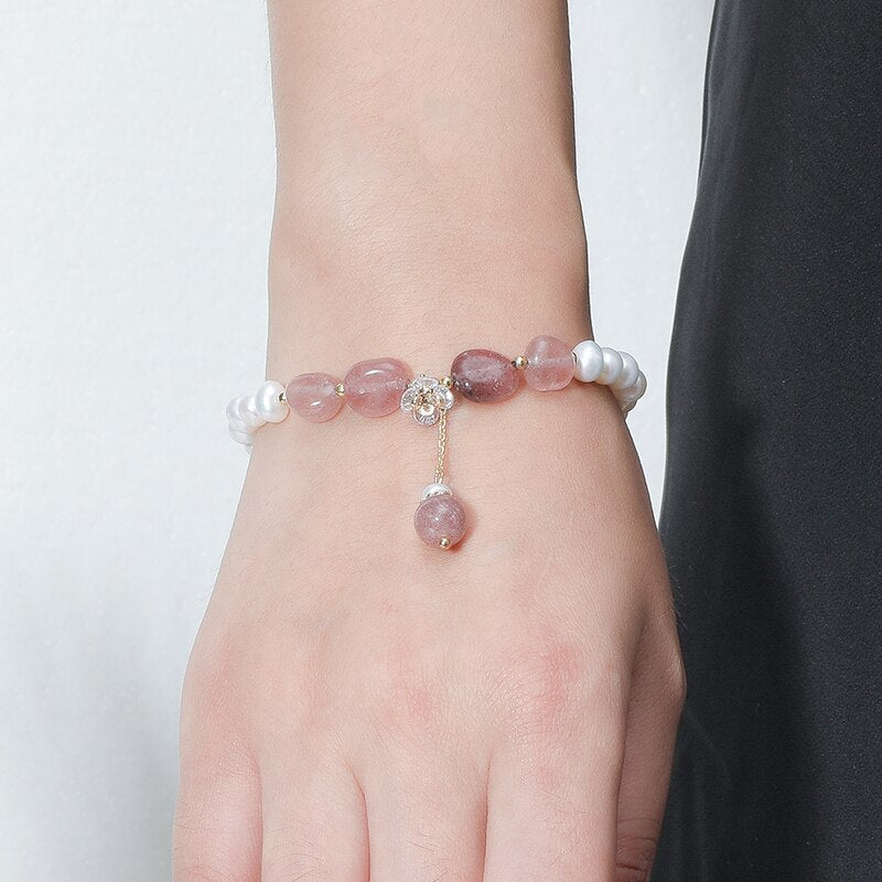 JD Natural Freshwater Pearls Pink Strawberry Quartz Bracelet Women Flower Zircon Crystal Charm Wristband Female Summer Jewelry