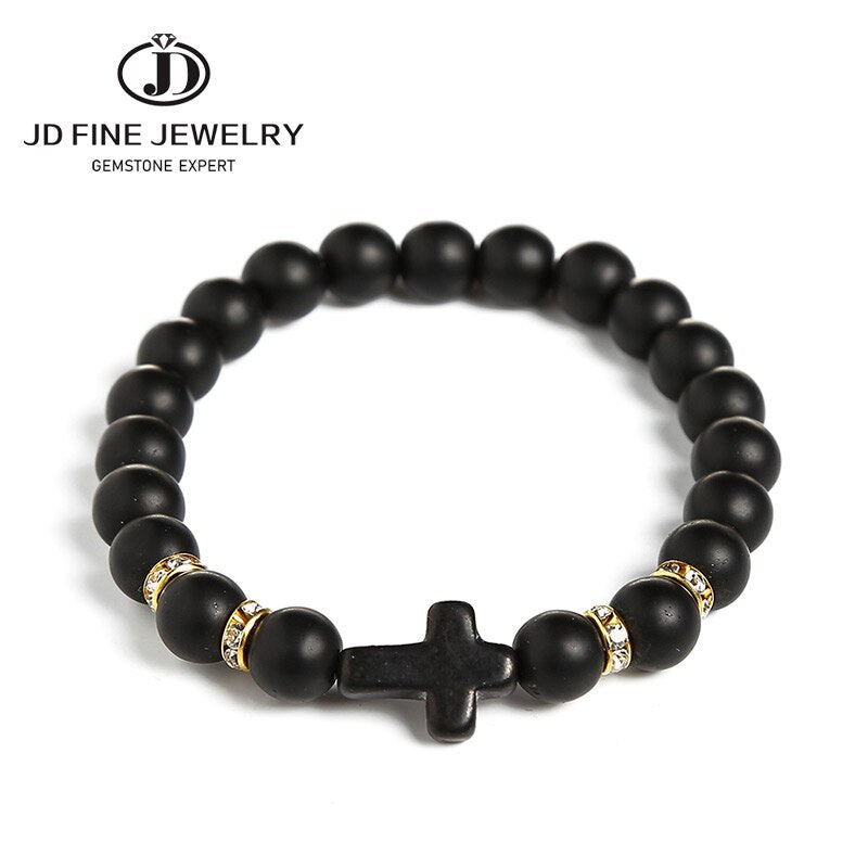 JD Trendy Jesus Cross Charm Black White Stone Men Bracelet 8mm White Beads Bracelets Bangles for Women Yoga Jewelry Wholesale