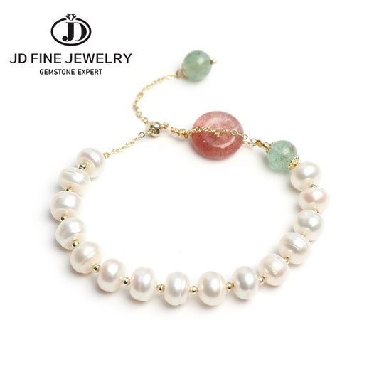 JD Natural Freshwater Pearl & Peace Buckle Beads Bracelet Strawberry Quartz Fashion Adjustable Chain Bracelet Men Women Jewelry