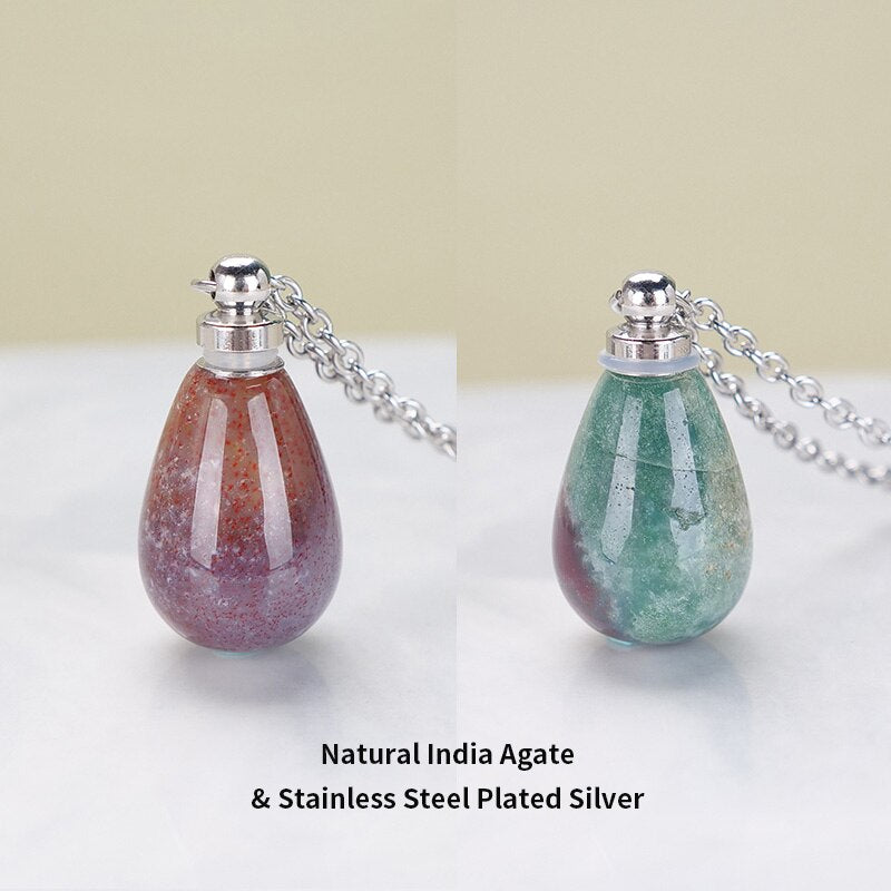 JD Natural Red Jasper Small Perfume Bottle Pendant Necklace Women Colorful Water Drop Essential Oil Bottle Charms Chain Choker