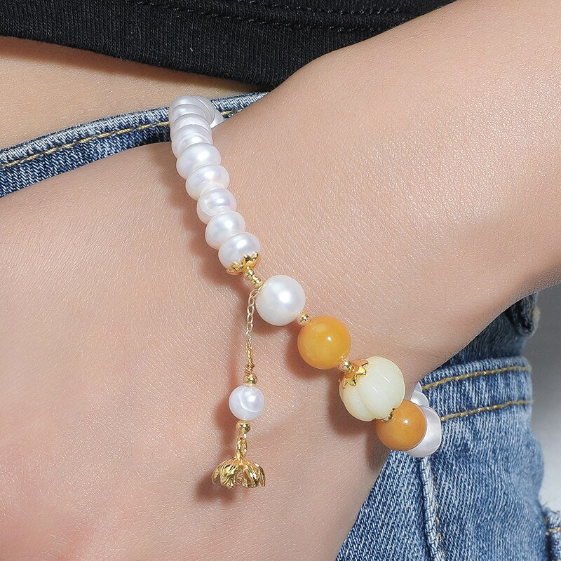 JD Irregular Natural Jade Beads Strand Bracelet Bangle for Women Jewelry Pumpkin Jade Bracelet Handmade Strand Gift