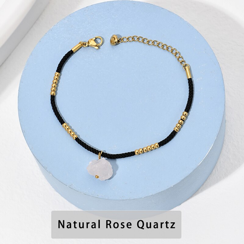 CHANGE BETTER Gold Color Stainless Steel Leather Adjustable Bracelet Women Trendy Natural Rough Crystal Charms Healing Bangles