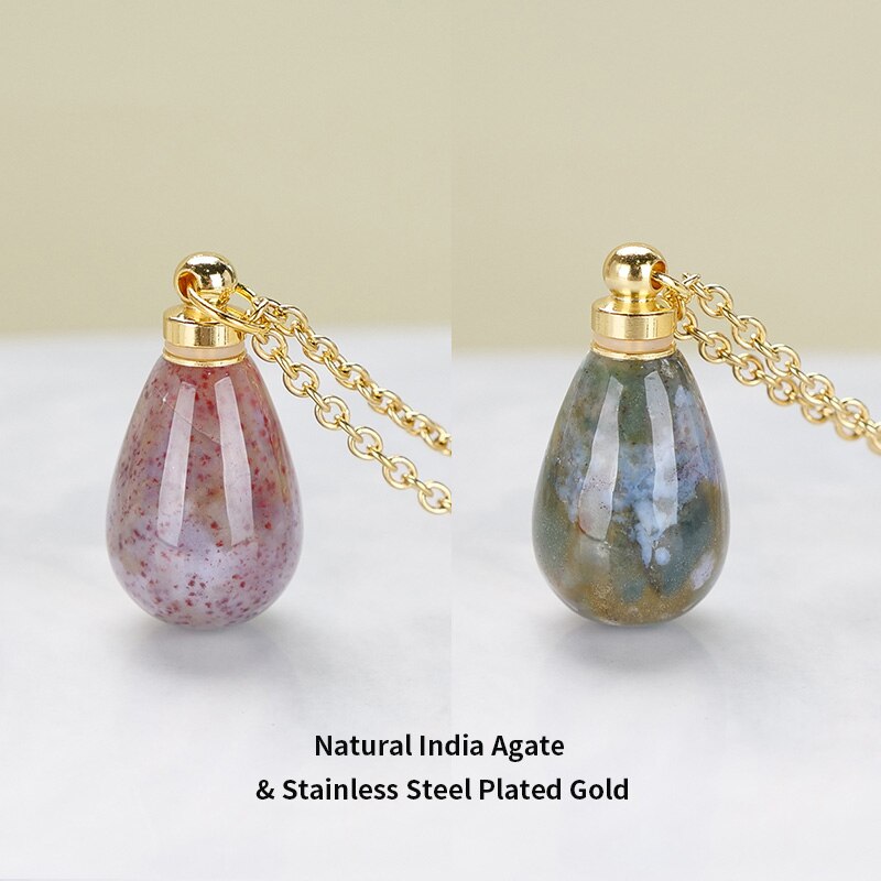 JD Natural Red Jasper Small Perfume Bottle Pendant Necklace Women Colorful Water Drop Essential Oil Bottle Charms Chain Choker