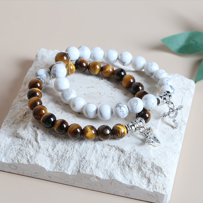 JD 2pcs/set Natural White Turquoise Yellow Tiger Eye Stone Heart Key Couple Matching Bracelets Lovers Jewelry