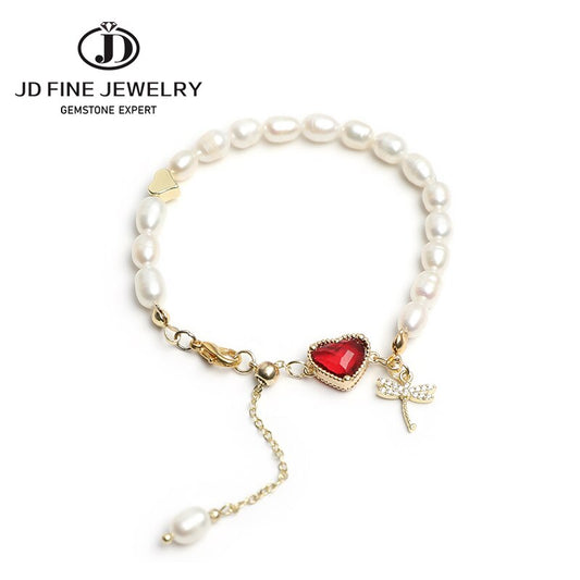 JD Natural Rice Pearl Beads Bracelets Red Heart Crystal Bracelet  Women Dragonfly Charm Pendant Adjustable Copper Chain Jewelry