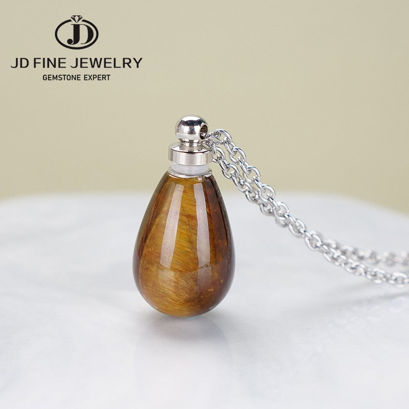 JD Natural Red Jasper Small Perfume Bottle Pendant Necklace Women Colorful Water Drop Essential Oil Bottle Charms Chain Choker