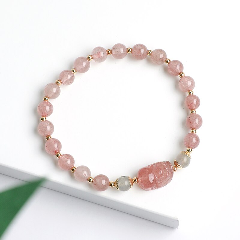 JD Romantic Natural Strawberry Quartz Gray Moonstone Tourmaline Pixiu Bracelets Women Tiny  Round Beads Lovely Strand Wristband