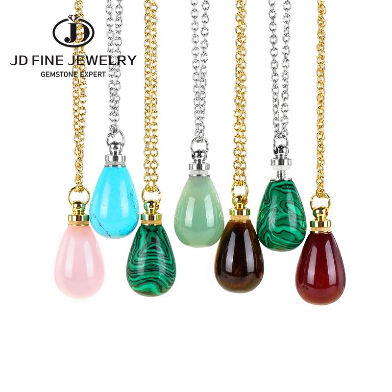 JD Natural Red Jasper Small Perfume Bottle Pendant Necklace Women Colorful Water Drop Essential Oil Bottle Charms Chain Choker