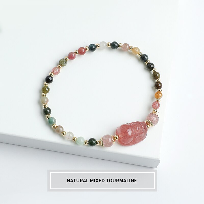 JD Romantic Natural Strawberry Quartz Gray Moonstone Tourmaline Pixiu Bracelets Women Tiny  Round Beads Lovely Strand Wristband