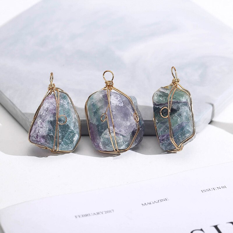 JD Handmade Wire Wrap Natural Quartz Stone Pendant Irregualr Nuggets Fluorite DIY Pendant Women Reiki Healing Stone