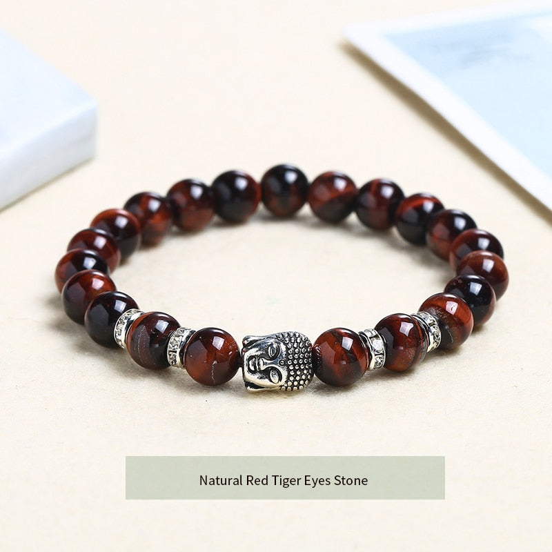 JD Buddha Head Tiger Eye Beaded Bracelet Men Women 8mm Natural Stone Chakra Yoga Prayer Bangles Vintage Elastic Charm Jewelry