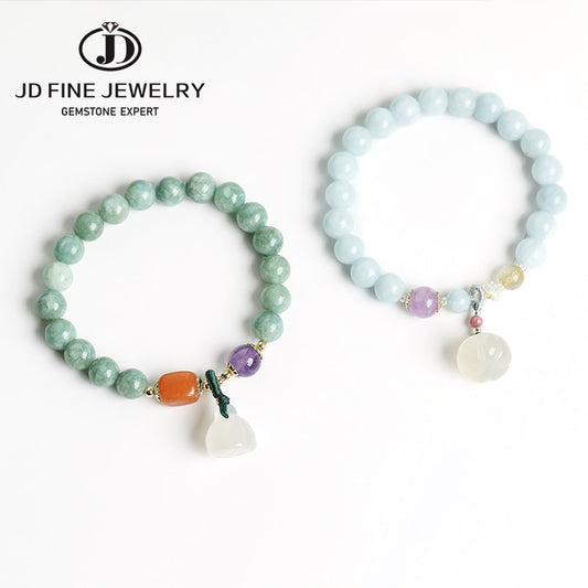 JD Natural Round Chalcedony Beads Lotus Shape Jade Charms Handmade Bracelet Women Reiki Healing Elastic Bangles Yoga Energy Gift