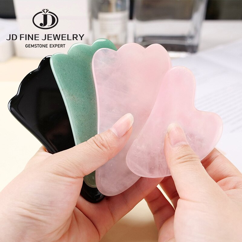 JD Natural Jade Guasha Scraping Massage Scraper Face Massager Board Rose Quartz Agate Acupoint Facial Eye Care