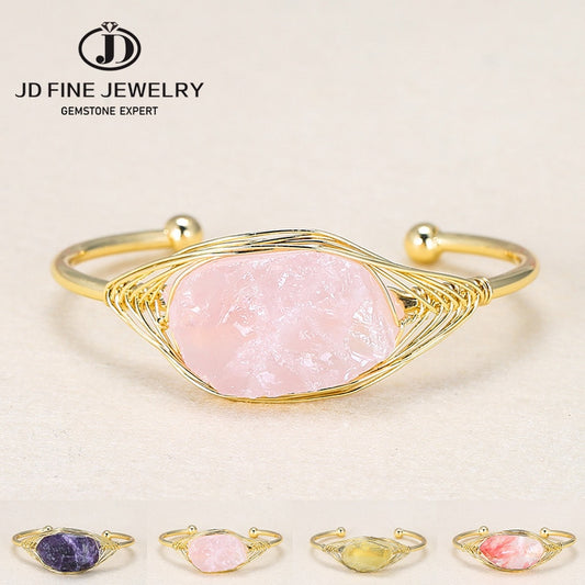 JD Natural Crystal Raw Stone Pink Quartz Fluorite Open Cuff Bracelet Women Gold Color Wire Wrap Bangles Healing Jewelry Gifts