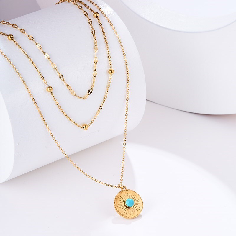 CHANGE BETTER Natural Blue Turquoise Round Pendant Necklace Women Double Layer Gold Color Stainless Steel Chain Choker For Girls