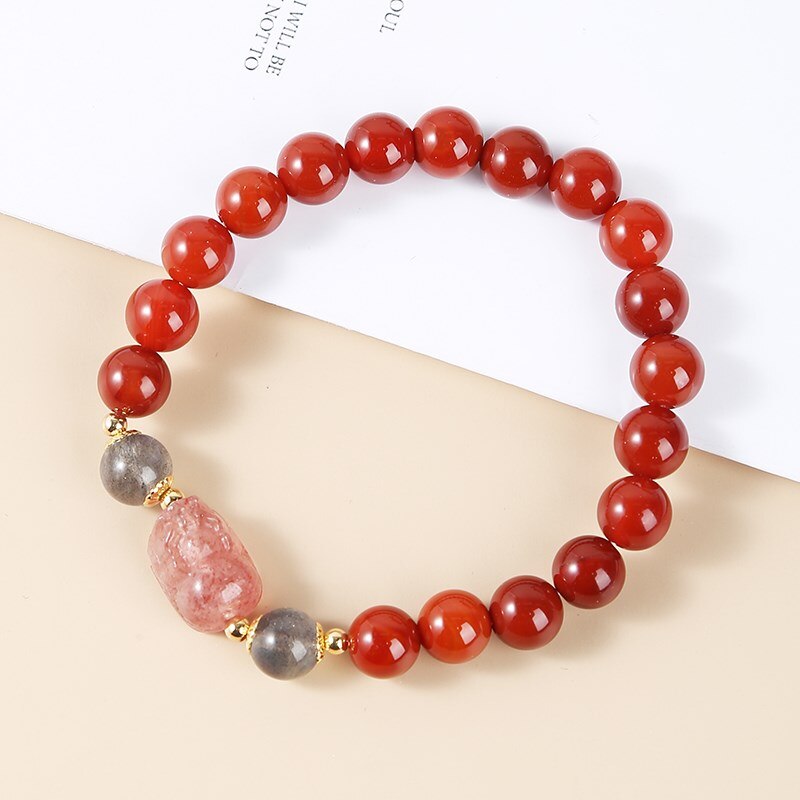 JD Natural Red Agate Beads Strawberry Quartz Pixu Bracelet Women Fashion Feng Shui Wealth Lucky Strand Bangles Lovers Jewelry