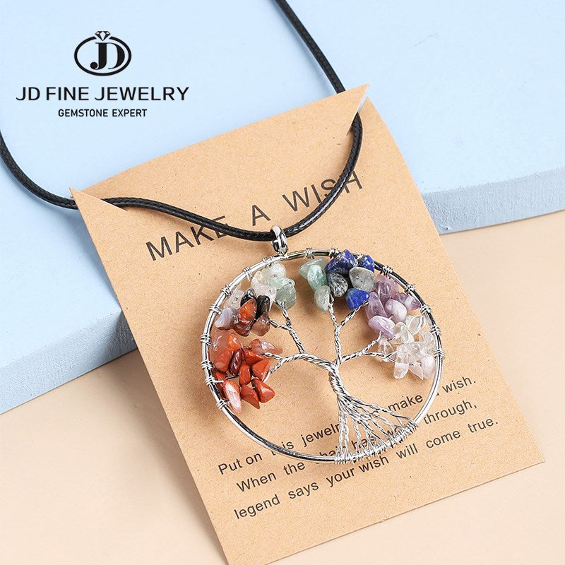 JD Natural Quartz Stone Tree of Life Pendulum Pendant Necklace Women Multicolor Seven Chakras Rope Crystal Reiki Healing Jewelry