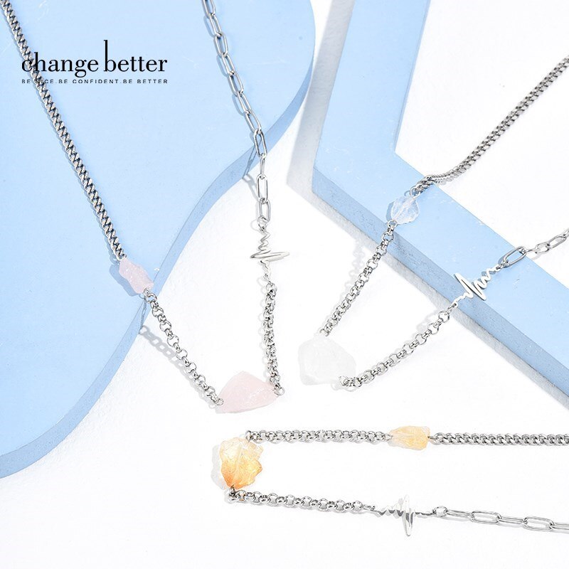 Change Better Natural Citrine Raw Stone Chain Necklace Women Fashion Cyrstal Bead Silver Color Stainless Steel Healing Choker