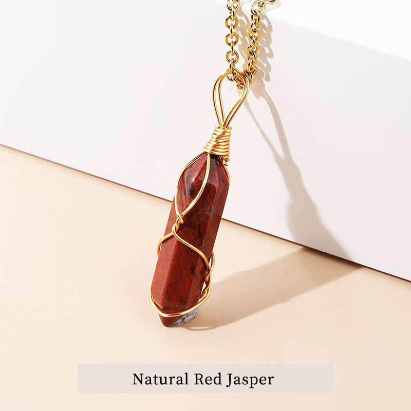 JD 13 Colors Hexagonal Cylindrical Crystal Necklace Natural Stone Pendant Wire Wrap Stone Necklace for Women Men Fashion Jewelry