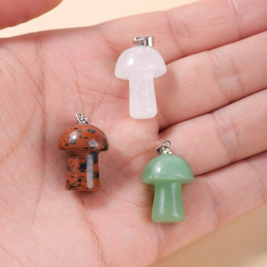 Change Better 3 Pcs Natural Stone Mushroom Shape Pendant Pink Quartz Green Aventurine for Jewelry Making Necklace Accessory