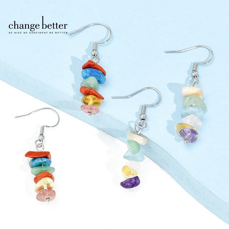 Change Better Small Rock Mineral Stone Crystal Earrings Women Natural Citrines Quartz Gravel Charm Hook Earring Birthday Gift