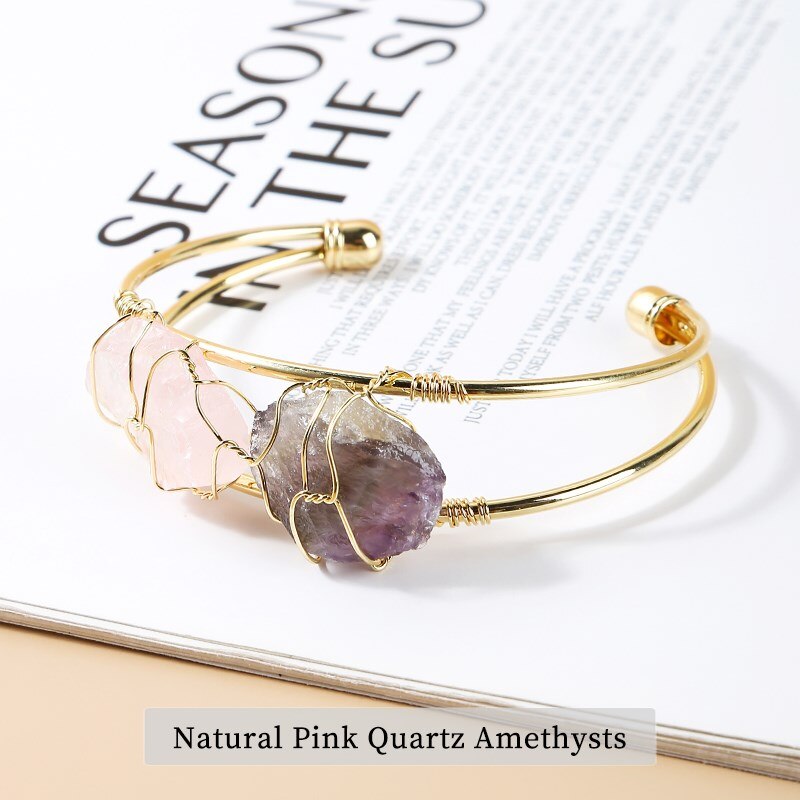 JD Natural Stone Amethysts Pink Quartz Bangles Women Bohemia Rough Ore Mineral Cuff Copper Bracelet Gold Color Wire Wrap Jewelry