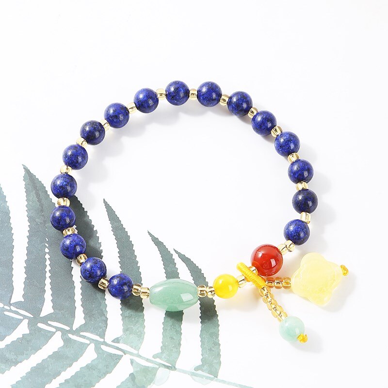 JD Natural Lapis Lazuli Amber Beaded Bracelet For Women Trendy Four-Leaf Clover Pendant Stone Tassel Bangles Girl Summer Jewelry