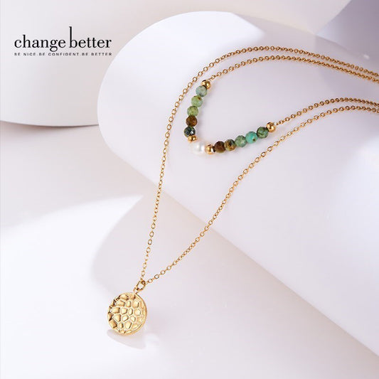 CHANGE BETTER Natural Pearl Bead African Turquoise Round Pendant Necklace Women Trendy Stainless Steel Clavicle Chain Choker