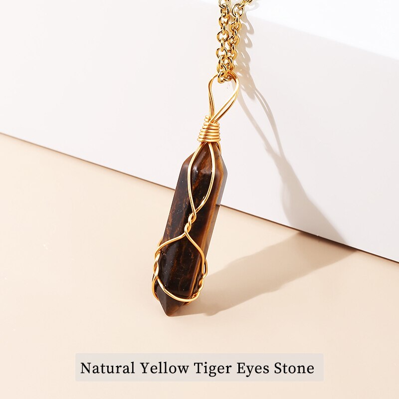 JD 13 Colors Hexagonal Cylindrical Crystal Necklace Natural Stone Pendant Wire Wrap Stone Necklace for Women Men Fashion Jewelry