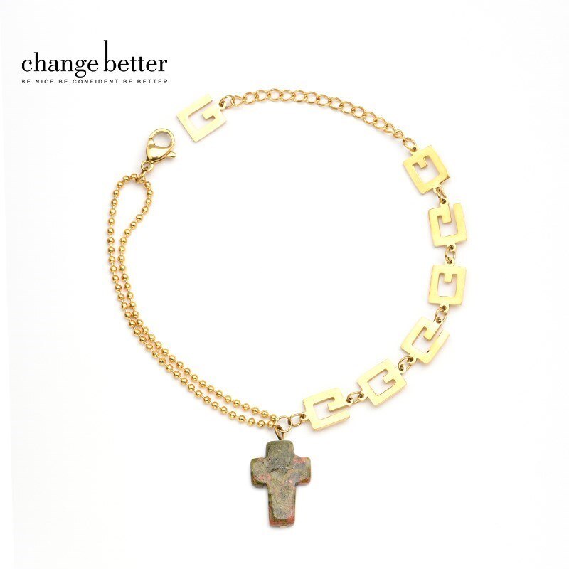 CHANGE BETTER Natural Stone Cross Shape Gold Color Bracelets For Women Small Pendant Charms Stainless Steel Chain Wrist Jewelry