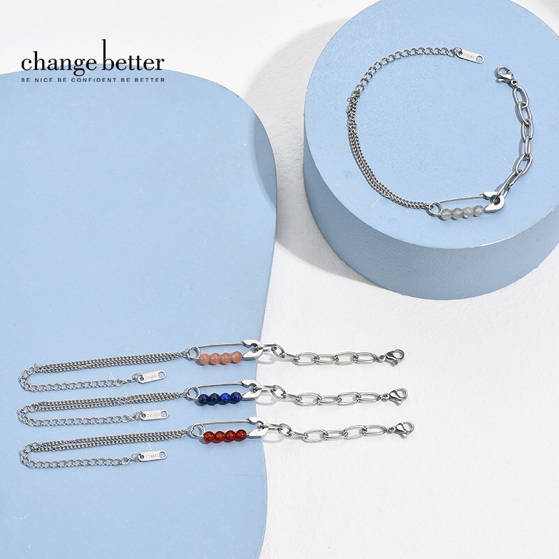 Change Better Natural Small Agate Moonstone Beaded Paper Clip Chain Bracelets Women Titanium Steel Tiny Bangles Personality Gift