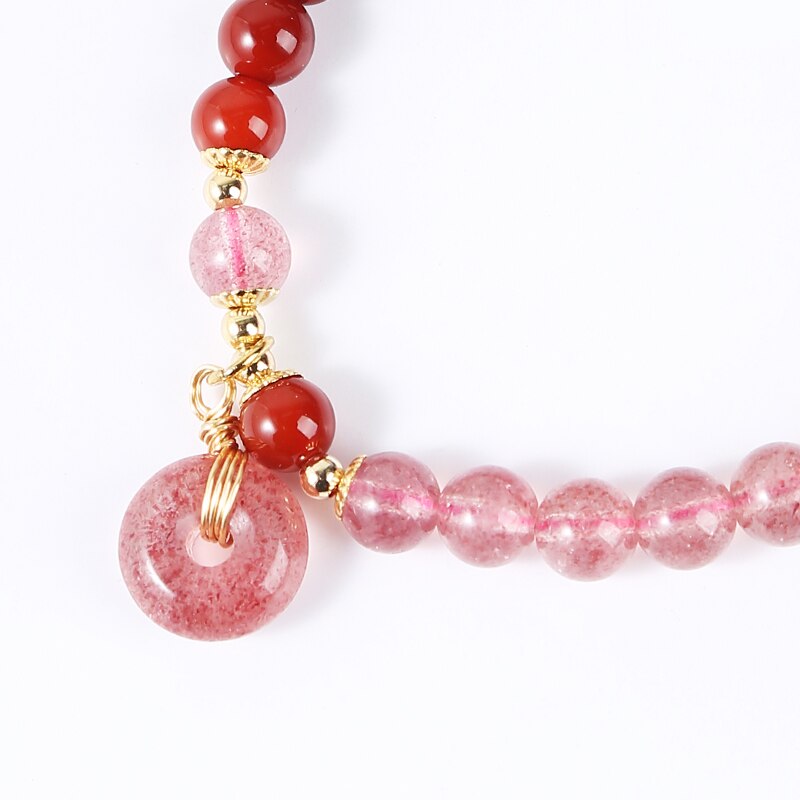 JD Natural Stone Red Agate Strawberry Quartz Bead Bracelets Women Peace Buckle Charm Rope Strand Bangles Girls Wristband Jewelry