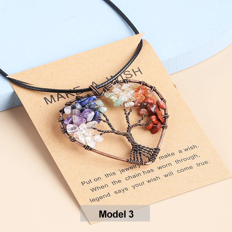 JD Natural Quartz Stone Tree of Life Pendulum Pendant Necklace Women Multicolor Seven Chakras Rope Crystal Reiki Healing Jewelry