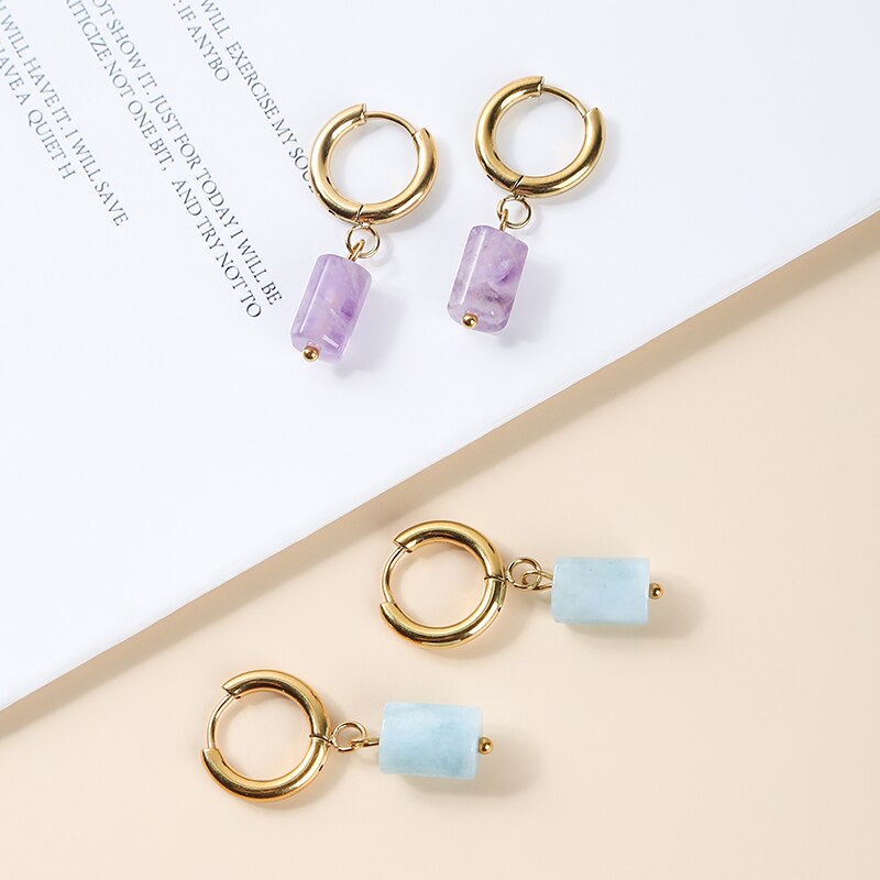 Change Better Natural Aquamarine Cylinder Shape Drop Earrings Women Amethyst Stainless Steel Round Buckle Ear Studs Female Gifts