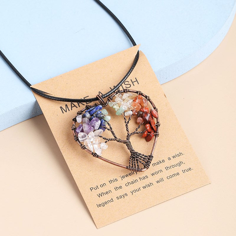 JD Natural Quartz Stone Tree of Life Pendulum Pendant Necklace Women Multicolor Seven Chakras Rope Crystal Reiki Healing Jewelry