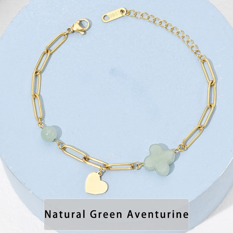 CHANGE BETTER Natural Stone Lucky Four-Leaf Clover Chain Bracelet Women Green Aventurine Turquoises Gems Titanium steel Bangles