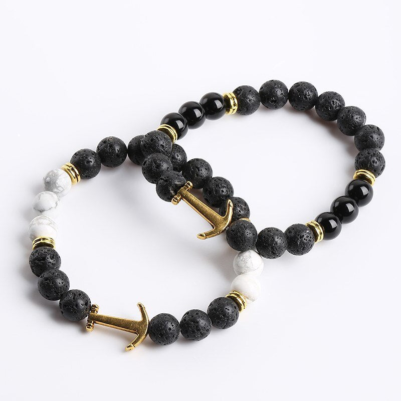 JD Natural Volcanic Stone Gold Color Anchor Bead Bracelets Men Women Round Lava Stone Elastic Strand Bangles Lucky Wrist Jewelry